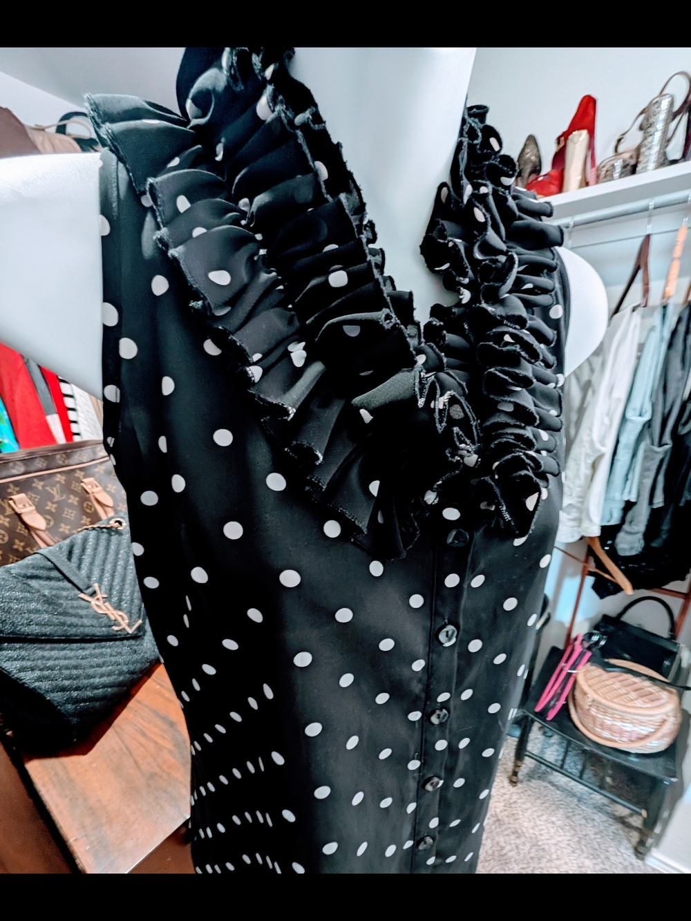 Source Unknown Black and White Polka Dot Ruffle Collar Blouse - Picture 3 of 7
